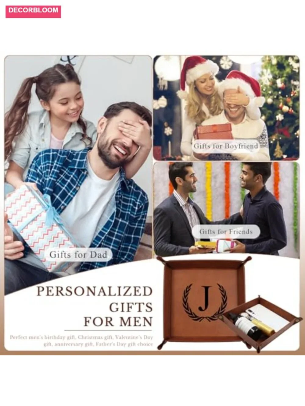 Personalized PU Leather Valet Tray - Laser Engraved Initials Key & Watch